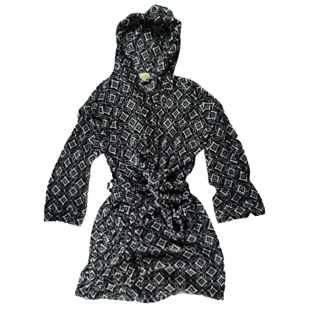 Vera‎ Bradley Hooded Fleece Robe Size L/XL Black and White Concerto Tie